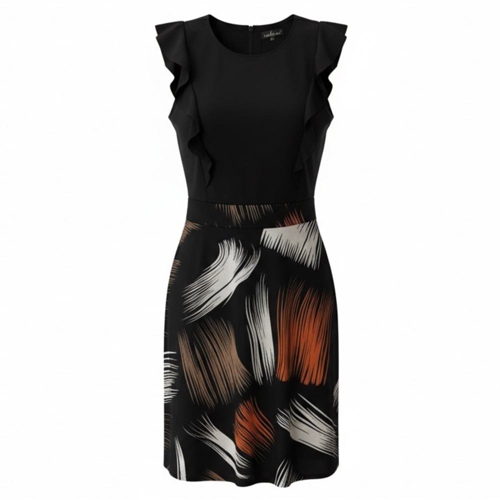 Elegant Black Midi Dress with Orange & White Brush Print NWT US XL